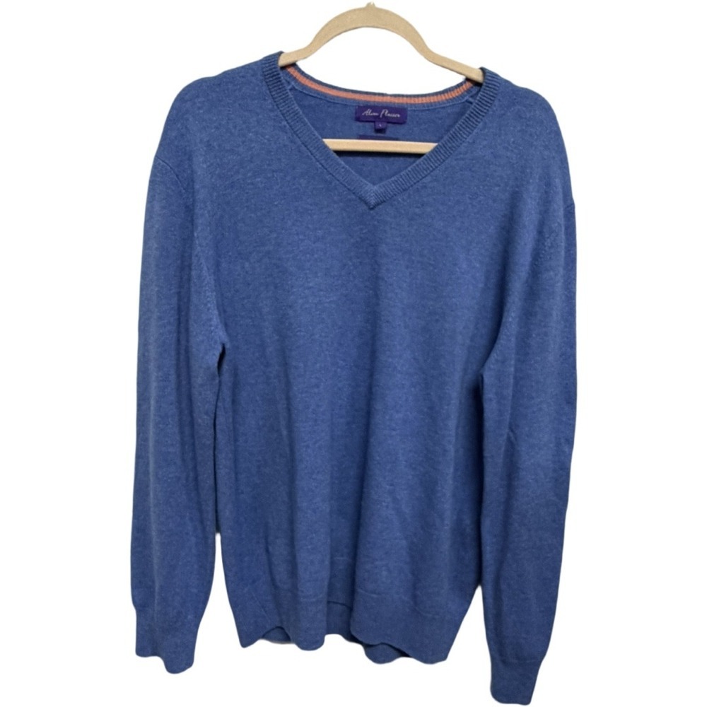 Alan Flusser 100% Pure Cashmere Blue V Neck Sweater Size Large Luxury Soft Knit